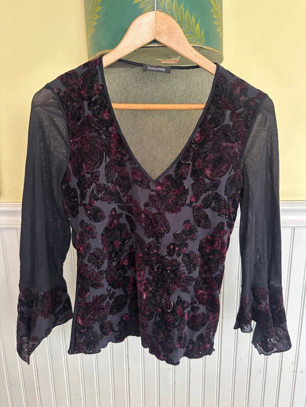 Sinéquanone Black Mesh Floral Velvet Bell Sleeve Top Size M